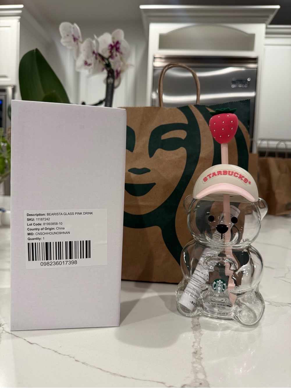 Brand New Starbucks Clear Bear Glass Bottle with Pink Straw and Strawberry Top